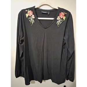 Susan Graver Black Floral Embroidered V-Neck Womens Medium Evening Top